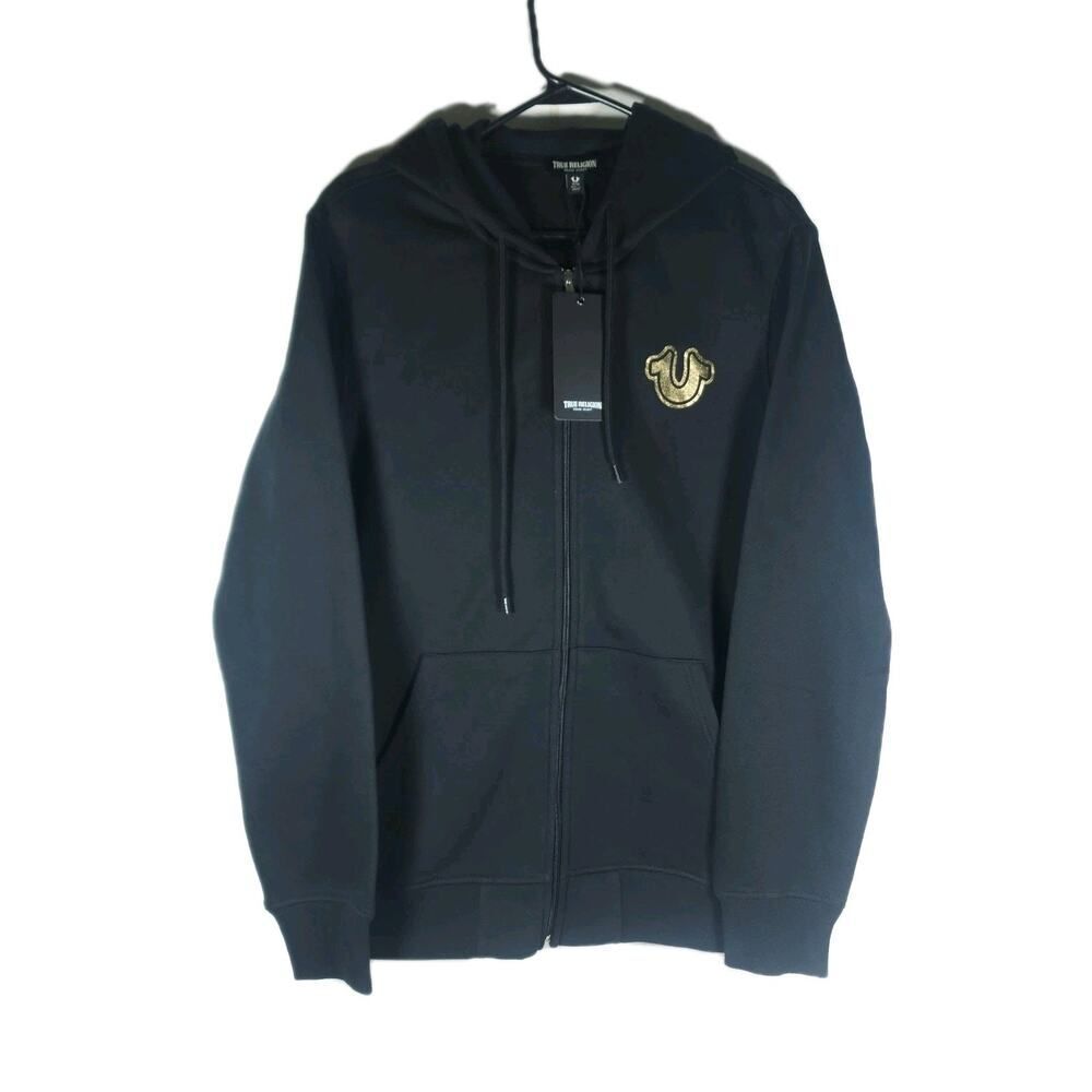 True Religion Men's Sz M Black Metallic Buddha Logo Long Sleeve Full Zip Hoodie